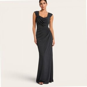 Tadashi Shoji Black Formal Dress Sz 14 Draped Crepe Gown Cap Sleeve Column Long